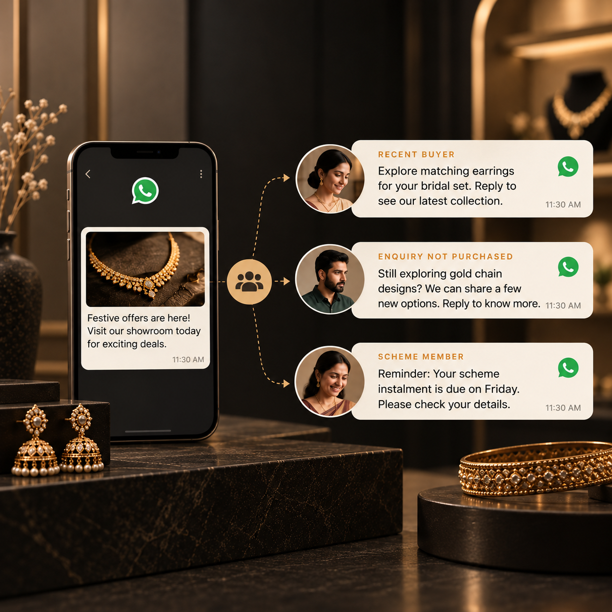 One generic festive broadcast on a phone, set against three targeted messages: matching earrings for a recent buyer, fresh chain designs for an unconverted enquiry, and a Friday instalment reminder for a scheme member.