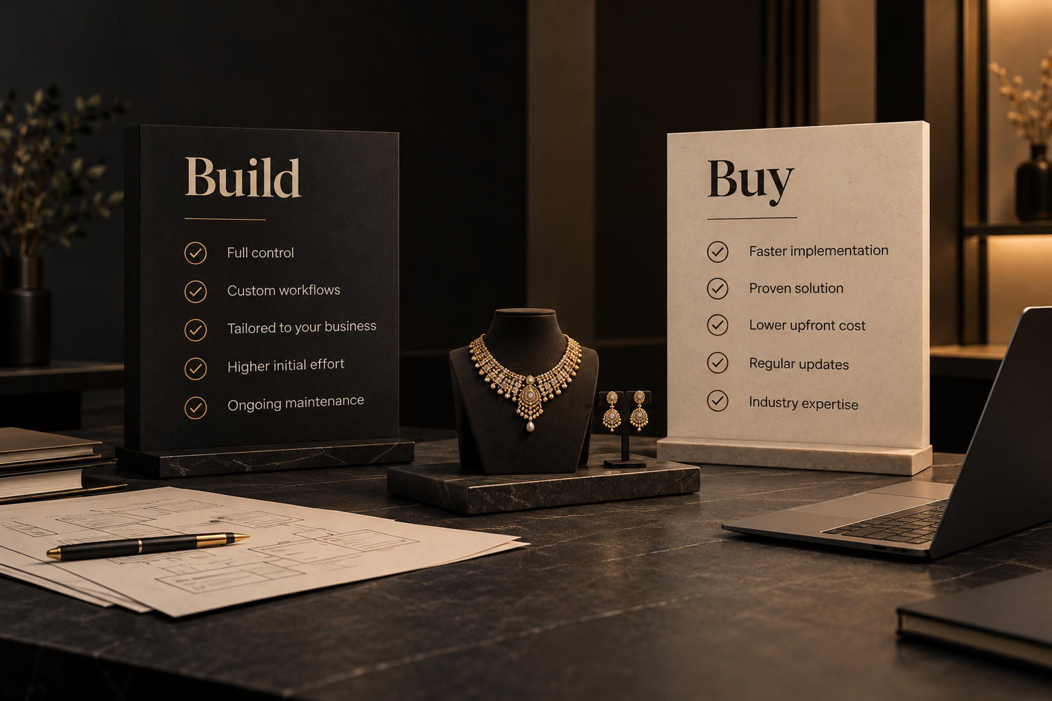 Two cards either side of a necklace: Build offering full control, custom workflows and ongoing maintenance; Buy offering faster implementation, a proven solution and lower upfront cost.