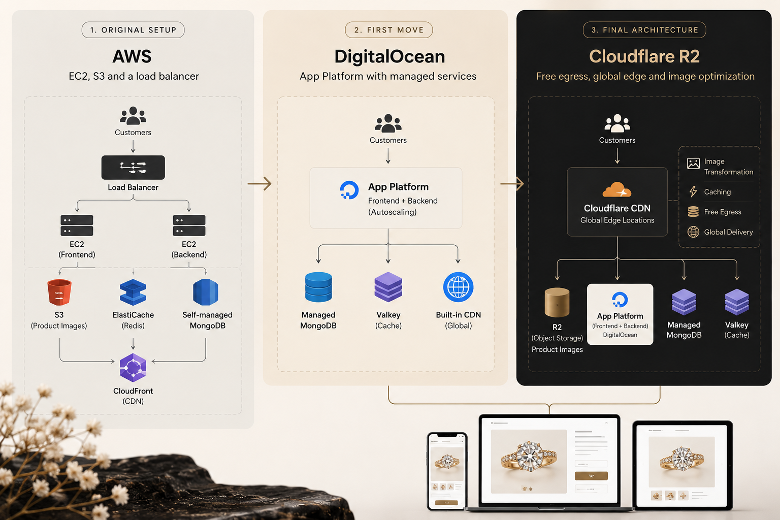 Three architectures side by side: AWS with EC2, S3, ElastiCache and CloudFront; DigitalOcean App Platform with managed MongoDB and Valkey; and Cloudflare R2 behind a global CDN with free egress and image transformation.