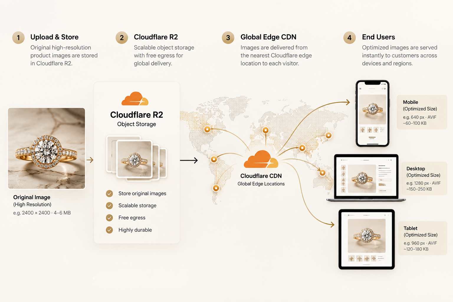 A four-step flow: original high-resolution product images stored in Cloudflare R2, delivered through the global edge CDN, and served as optimised images sized for mobile, desktop and tablet.