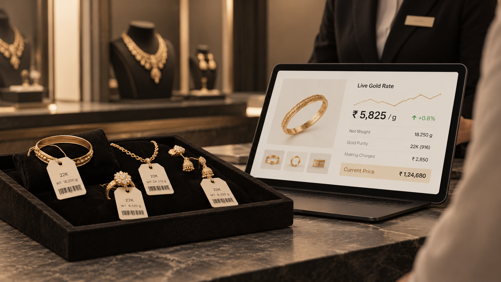 A sales associate at a counter with a tray of tagged jewellery and a tablet showing the live gold rate, the weight and purity, and the current calculated price for a bangle.