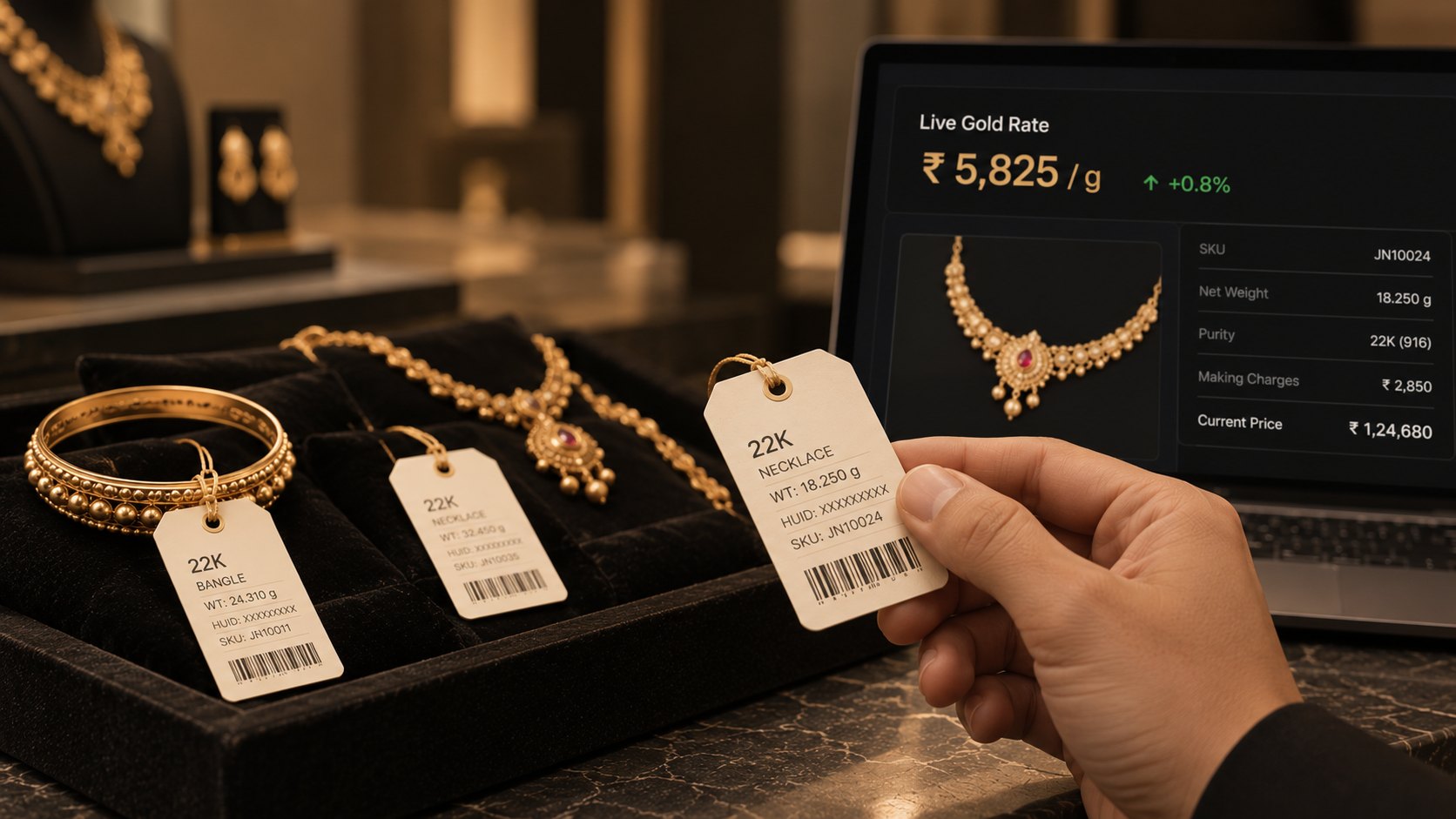 A hand holding a printed 22K necklace tag beside a screen showing a live gold rate of Rs 5,825 per gram and a current price of Rs 1,24,680 for the same piece.