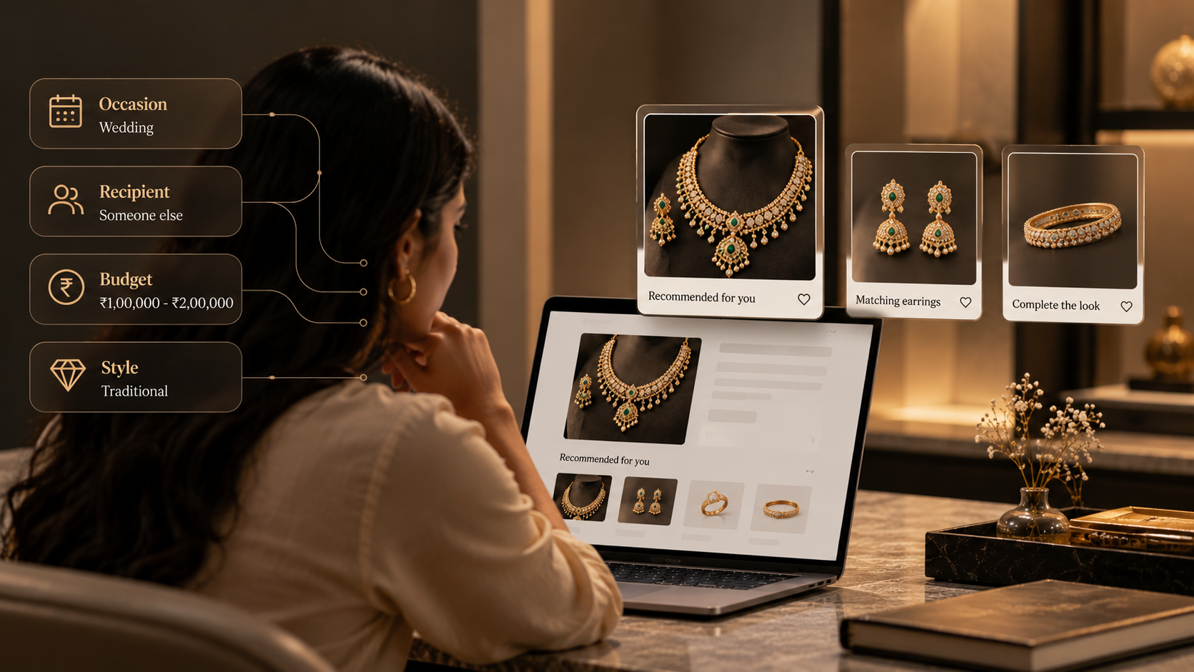 A woman at a laptop beside cards reading occasion: wedding, recipient: someone else, budget Rs 1,00,000 to Rs 2,00,000 and style: traditional, with a recommended necklace, matching earrings and a bangle to complete the look.