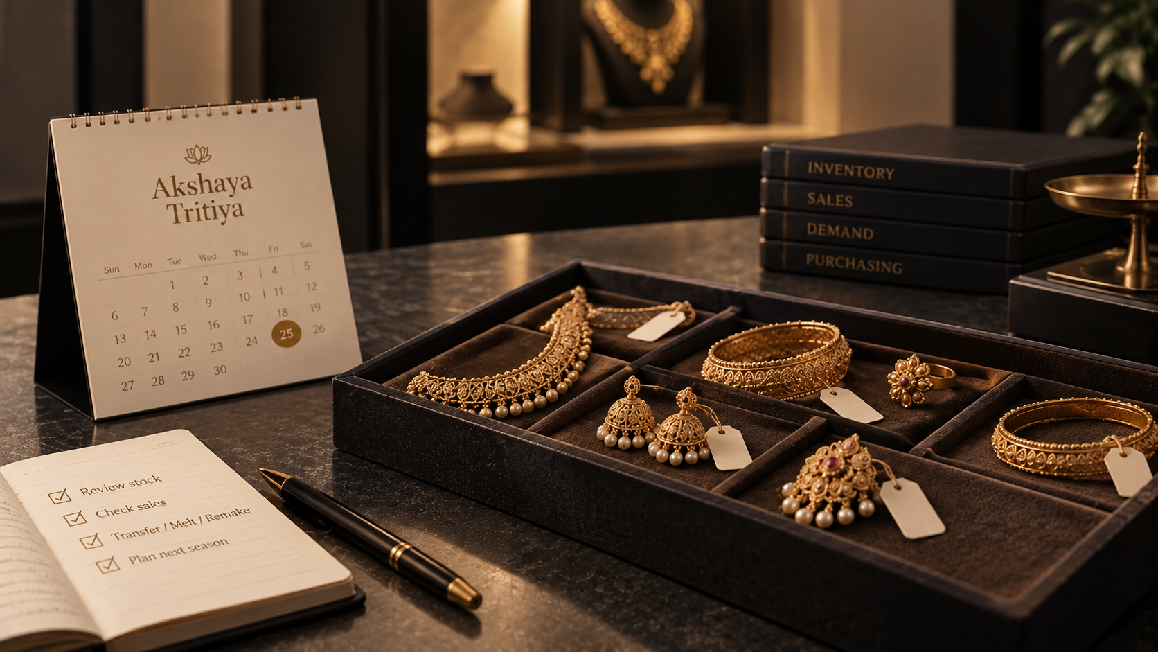 An Akshaya Tritiya desk calendar and a checklist reading review stock, check sales, transfer, melt or remake, and plan next season, beside a tray of unsold gold jewellery.