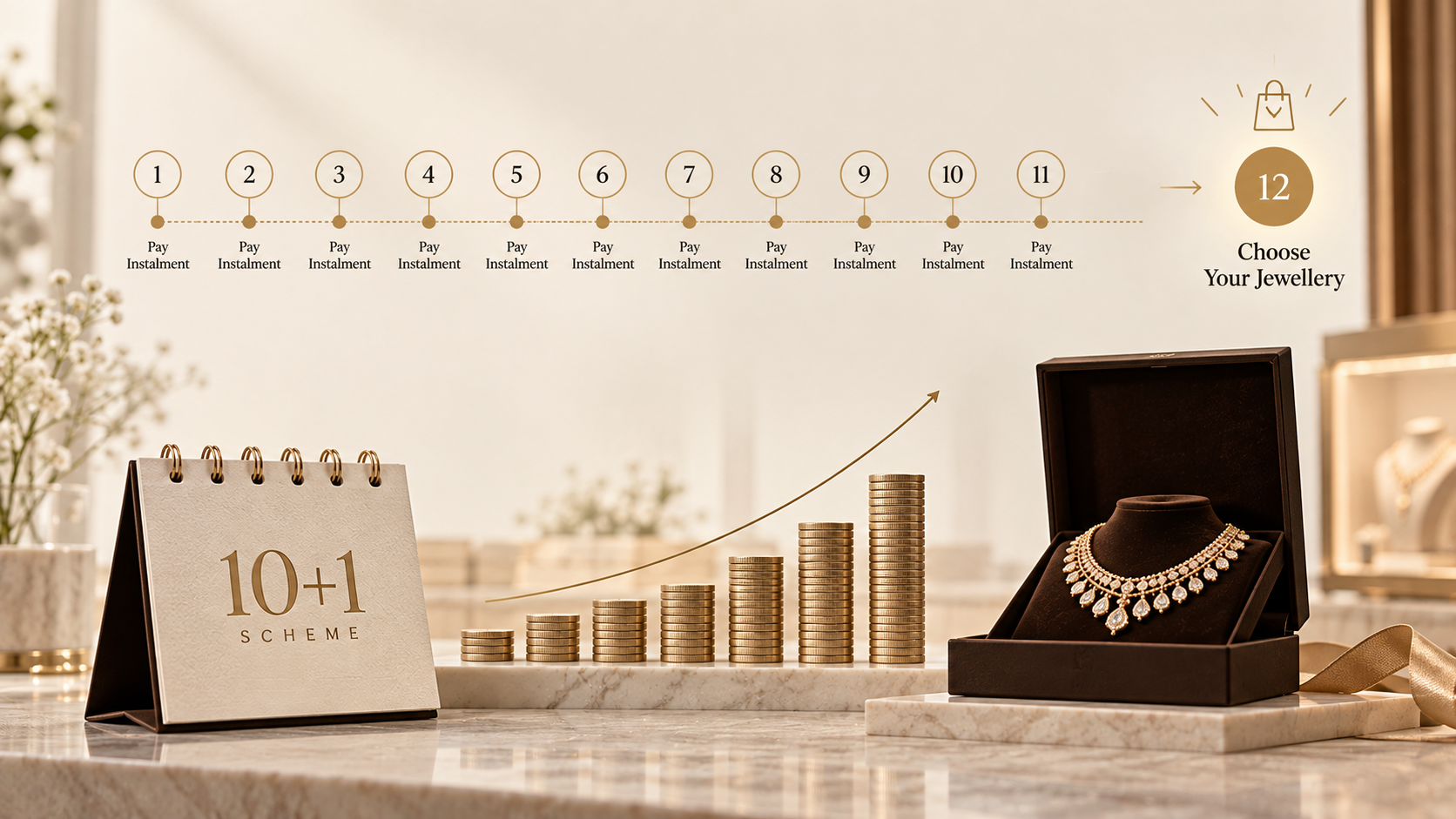 Eleven numbered instalment markers leading to a twelfth marked "choose your jewellery", above a 10+1 scheme calendar, rising stacks of coins and a necklace in a presentation box.