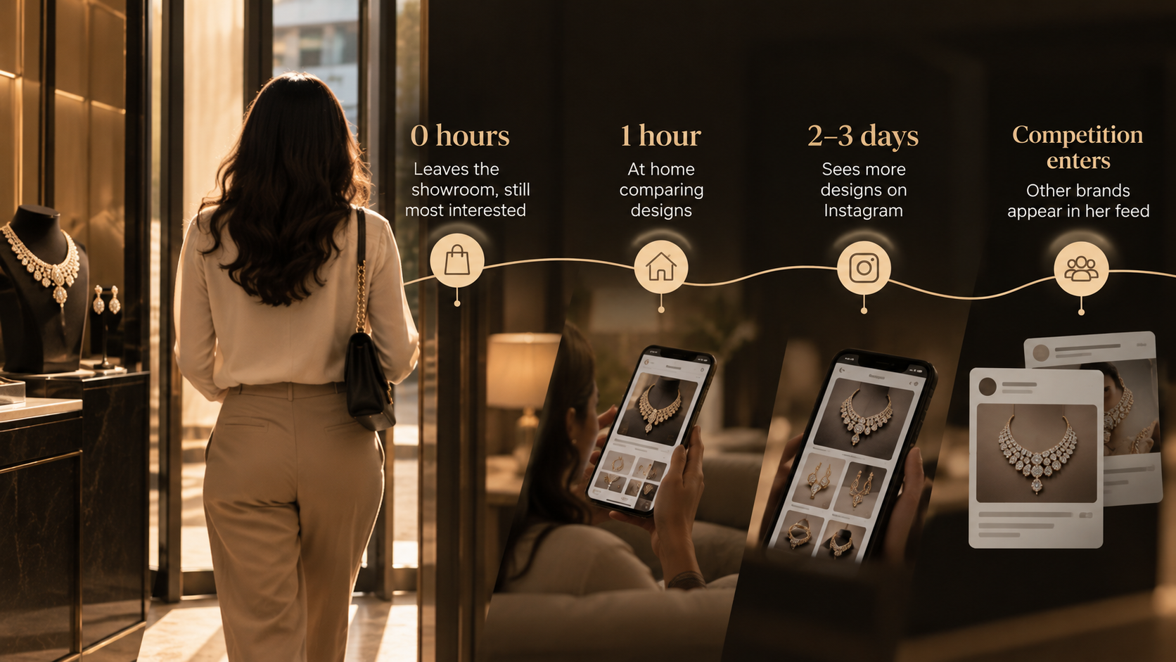 A timeline of a customer after she leaves a showroom: at 0 hours still most interested, at 1 hour comparing designs at home, at 2 to 3 days seeing more designs on Instagram, and then competing brands appearing in her feed.