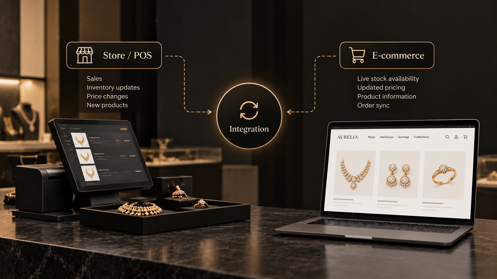 Store and POS sending sales, inventory updates, price changes and new products through a central integration icon to e-commerce, which returns live stock availability, updated pricing, product information and order sync.