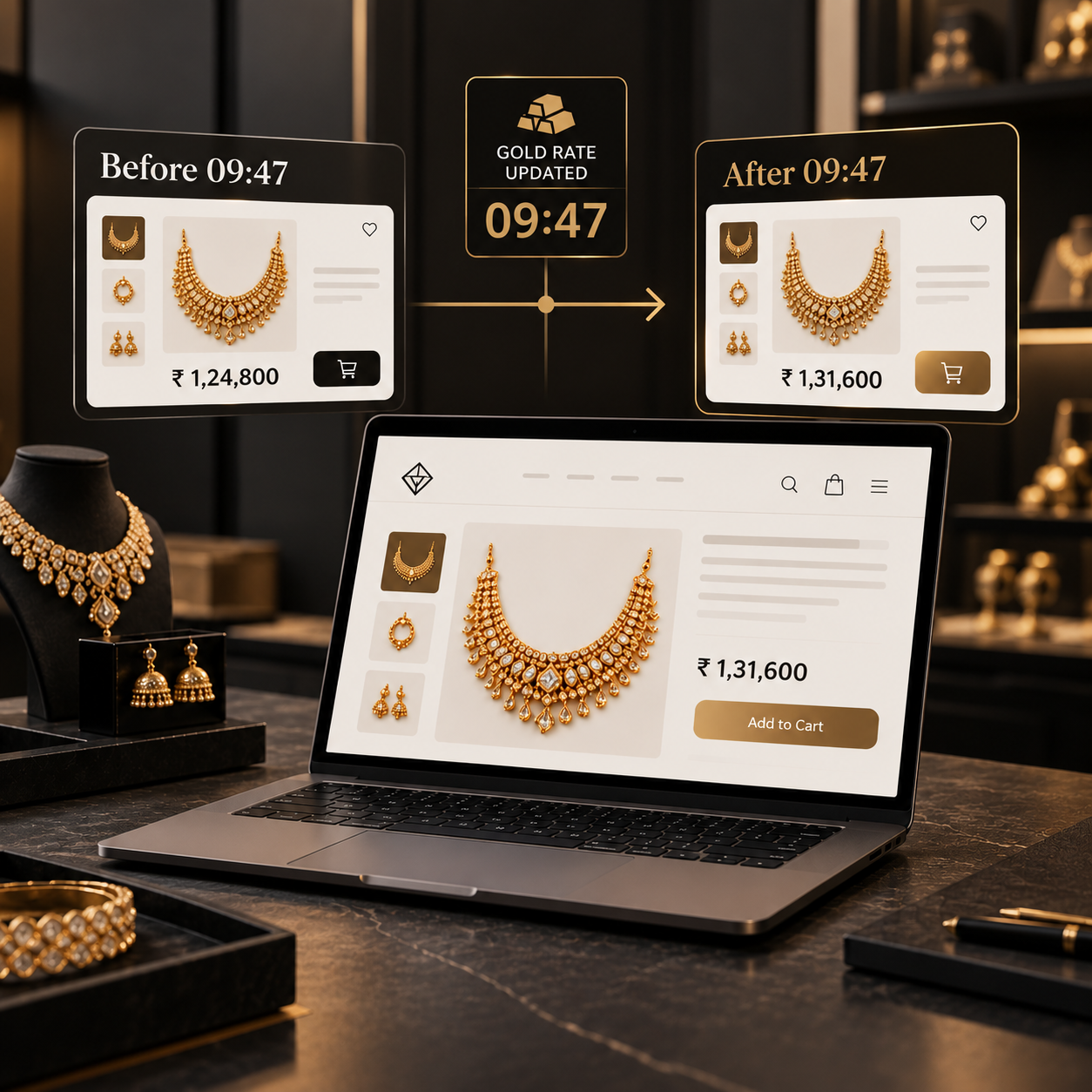 The same necklace product page before 09:47 priced at Rs 1,24,800 and after 09:47 at Rs 1,31,600, with a gold-rate-updated badge between the two.