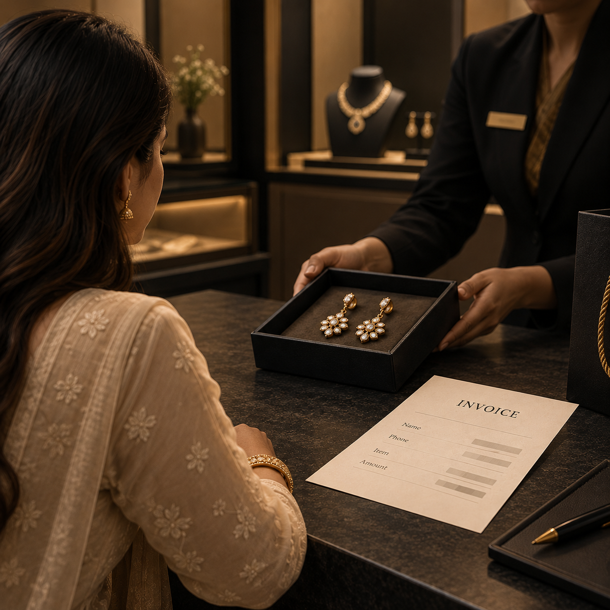 A sales associate presenting a tray of diamond earrings to a customer across a showroom counter, with a blank invoice lying beside them.