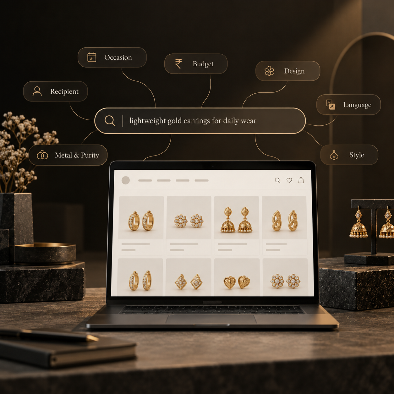 A search box reading "lightweight gold earrings for daily wear", ringed by labels for recipient, occasion, budget, design, language, style, and metal and purity, above a grid of earring results.