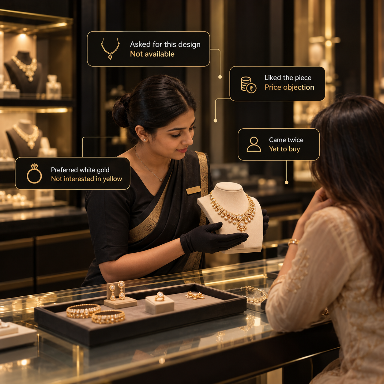 A salesperson showing a necklace to a customer, annotated with the things the sale never records: asked for a design not in stock, liked the piece but objected to the price, preferred white gold, and came twice without buying.