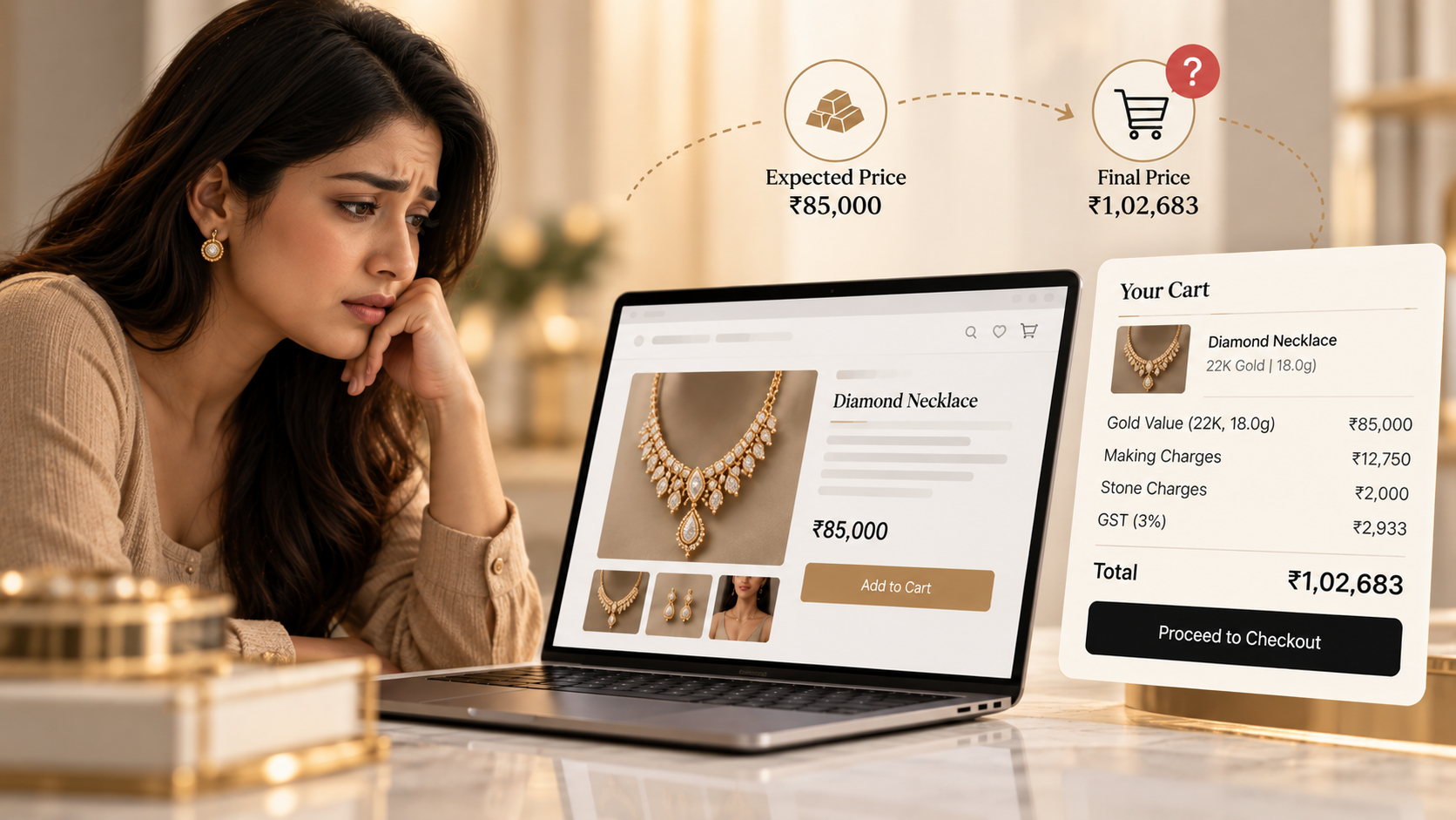 A woman looking at a necklace listed at Rs 85,000 while the cart beside it totals Rs 1,02,683 once making charges, stone charges and GST are added.