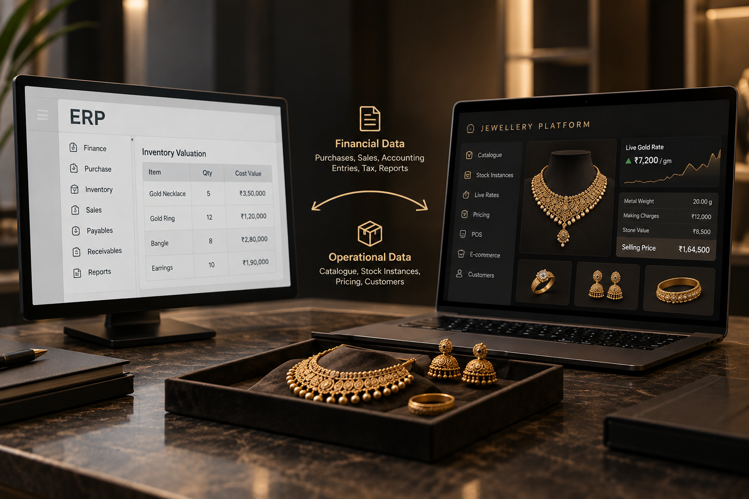 An ERP screen showing inventory valuation beside a jewellery platform screen showing a live gold rate of Rs 7,200 per gram and a selling price of Rs 1,64,500, with financial data flowing one way and operational data the other.